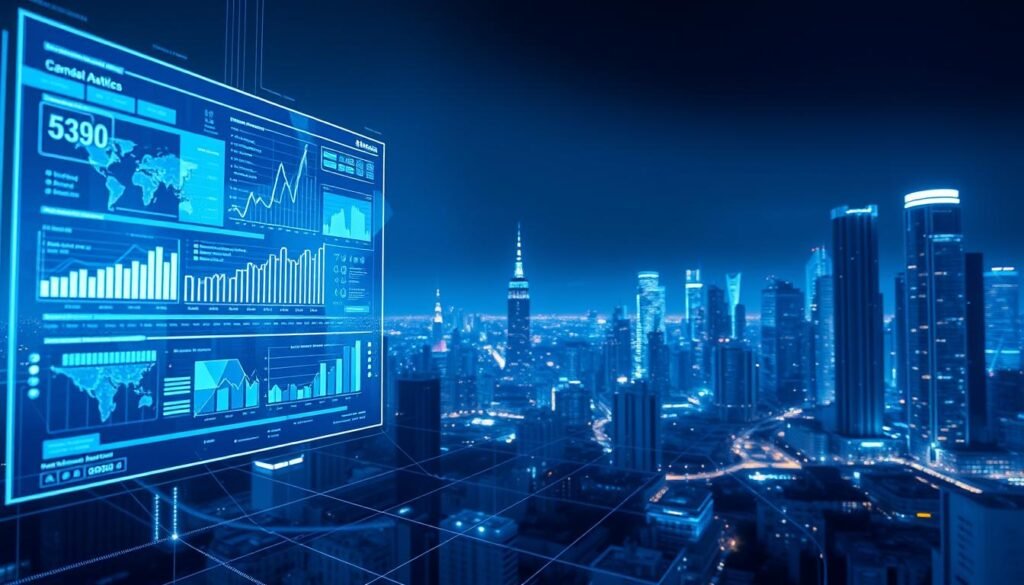 Prompt A futuristic digital landscape depicting the digitalization and analytics of compensation models. In the foreground, a holographic display shows complex data visualizations and graphs, representing the insights gained from advanced analytics. In the middle ground, geometric shapes and lines intersect, symbolizing the integration of various compensation data sources. The background features a cityscape of towering skyscrapers, hinting at the corporate world where these innovative compensation models are being applied. The scene is bathed in a cool, blue-tinted lighting, conveying a sense of technological sophistication and precision. The overall atmosphere evokes a forward-thinking, data-driven approach to modern compensation strategies.