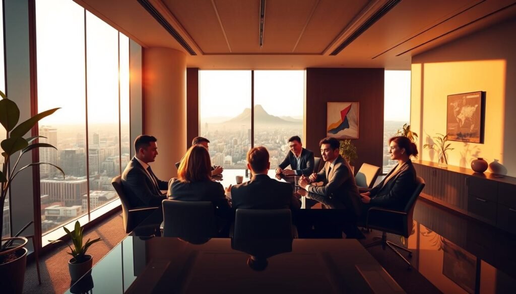 Prompt A sleek, modern office interior showcasing a holding company in Colombia. In the foreground, a group of executives in formal attire are engaged in a strategic meeting around a polished conference table, their expressions conveying focused deliberation. The middle ground features floor-to-ceiling windows providing a panoramic view of the vibrant cityscape beyond, with the iconic Cerro Monserrate in the distant background. Warm, directional lighting casts a professional, authoritative atmosphere, while subtle Colombian design elements, such as native flora and artwork, add cultural touches. The overall scene evokes a sense of corporate power, innovation, and Colombian pride.