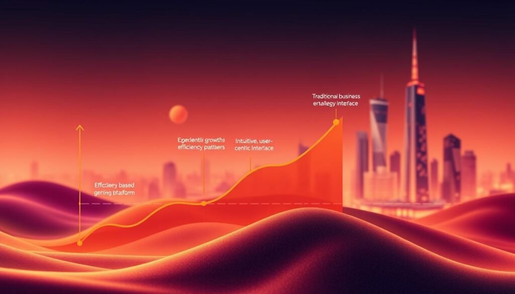 Prompt A vibrant, dynamic digital landscape showcasing the positive impact of a company's transformation into a subscription-based platform. In the foreground, a stylized graph depicting exponential growth, efficiency gains, and an intuitive, user-centric interface. Muted, warm-toned colors evoke a sense of progress and innovation. In the middle ground, a digital representation of a traditional business evolving into a modern, streamlined platform, with sleek, minimalist design elements. The background features a abstract, futuristic cityscape, hinting at the broader technological advancements that enabled this transformation. Carefully balanced lighting and angles create a sense of depth and emphasize the harmonious integration of business objectives and user experience.