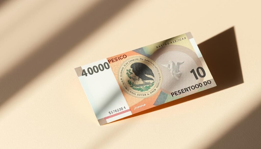 Salario: A Visual Exploration of Executive Compensation in Mexico A detailed rendering of a Mexican peso bill, its intricate design and holographic security features visible. The bill is positioned at an angle, casting dynamic shadows that suggest depth and three-dimensionality. The background is a soft, muted gradient, allowing the peso to be the focal point. The lighting is subtle and natural, creating a sense of sophistication and professionalism. The camera angle is slightly elevated, giving the viewer a sense of authority and oversight, mirroring the position of an executive in the corporate hierarchy. The overall mood is one of precision, prestige, and careful consideration of financial matters - a fitting representation of the nuances of executive compensation in Mexico's diverse industries and seniority levels.