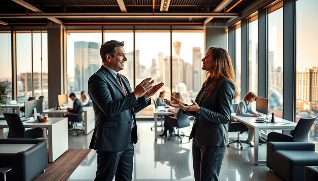 Senior sales professional profiles in a dynamic corporate setting. A well-lit office space with modern furnishings, sleek desks, and large windows overlooking a vibrant cityscape. In the foreground, three individuals in business attire - a man and two women - engaged in an animated discussion, gesturing with confidence and purpose. Their expressions convey leadership, expertise, and a drive to succeed. The middle ground features additional team members collaborating at their workstations, creating an atmosphere of collaborative energy. In the background, the cityscape provides a sophisticated, urban backdrop, hinting at the high-level clientele these senior sales professionals cater to. Warm, directional lighting illuminates the scene, creating depth and highlighting the professionalism of the sales team.