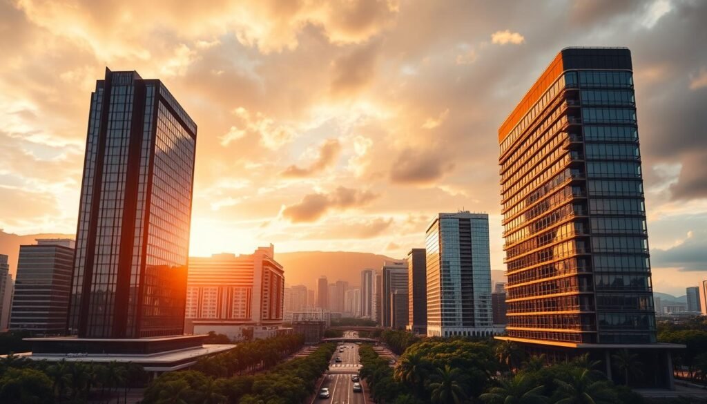 Striking corporate office towers in a modern cityscape, reflecting the prestigious image of leading executive search firms in Colombia. The foreground features sleek, glass-fronted skyscrapers with sharp, angular designs, bathed in warm, golden lighting that conveys a sense of professionalism and success. The middle ground showcases vibrant, tree-lined boulevards, while the background is dominated by a dramatic, cloud-filled sky with a hint of sunset colors, creating an atmospheric and aspirational scene. The overall composition exudes a polished, high-end aesthetic that aligns with the stature and reputation of the top executive search consultancies operating in the Colombian market.