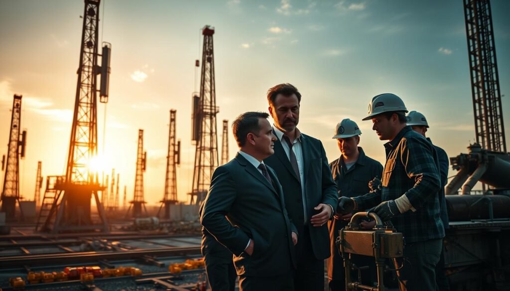 Valor estratégico talento A striking industrial landscape, where towering oil derricks pierce the sky. In the foreground, a group of executives engaged in a dynamic discussion, their expressions conveying a sense of strategic decision-making. The middle ground showcases a team of skilled technicians, their hands expertly maneuvering complex machinery, representing the talent that powers the industry. The background depicts a sleek, modern office environment, hinting at the strategic importance of talent acquisition and management in this high-stakes sector. Warm, directional lighting illuminates the scene, creating a sense of purpose and focus. The overall atmosphere is one of purposeful, high-stakes activity, capturing the essence of "Valor estratégico para tu empresa: decisiones de talento que impactan hoy."