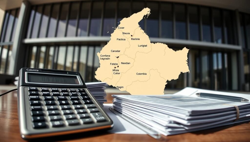 a detailed illustration of the capital gains tax rate in colombia, captured with a wide-angle lens in natural daylight. in the foreground, a calculator and a stack of financial documents symbolize the process of calculating capital gains taxes. the middle ground features a map of colombia, with key economic regions highlighted, conveying the geographic scope of the taxation policy. in the background, a sleek office building or financial institution suggests the professional context in which these tax matters are addressed. the overall tone is informative and authoritative, with a focus on the technical details of the capital gains taxation system.