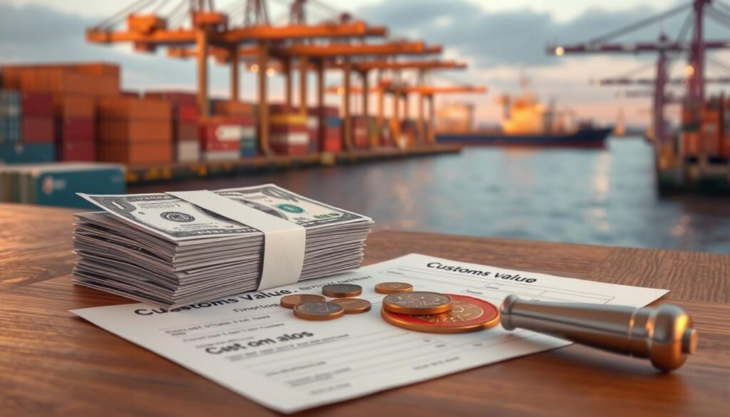 a detailed, realistic 3d rendering of the customs value of imported goods, depicted as a stack of dollar bills and coins on a wooden table, with an official customs form and stamp in the foreground, set against a backdrop of a port facility with shipping containers, cranes, and a cargo ship in the distance, all illuminated by warm, directional lighting to create a sense of authority and professionalism