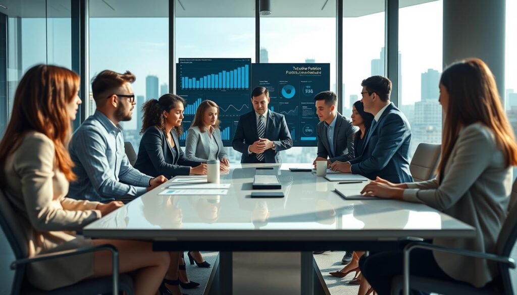 A bustling modern office setting in Colombia focused on executive headhunting. In the foreground, a diverse group of professionals in business attire engaged in a strategic discussion around a sleek conference table, showcasing a blend of cultures within a Colombian context. The middle ground features a large digital display showing graphs and data analytics related to talent acquisition. The background includes floor-to-ceiling windows with a view of Bogotá’s skyline, under soft natural light that creates a professional atmosphere. The composition should convey a sense of collaboration and innovation, capturing the essence of executive search firms operating in Colombia, accentuating a vibrant yet focused work environment. The angle should be slightly elevated, providing a comprehensive view of the interaction.