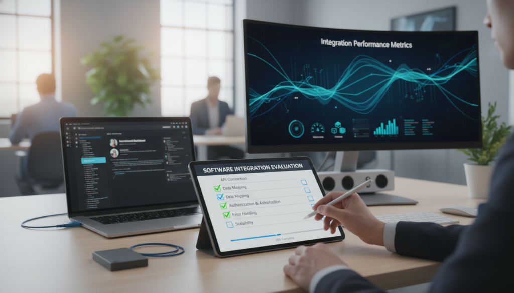A close-up view of a modern digital checklist for evaluating software integrations, prominently displayed with checkboxes and icons symbolizing APIs and compatibility. In the foreground, a well-organized desk featuring a laptop with software open, and a hand holding a stylus pen, poised over the checklist. The middle ground showcases a sleek monitor displaying data visualizations of integration performance metrics. The background includes a softly blurred office environment with ambient lighting to evoke a professional atmosphere. The color palette is neutral with pops of blue and green, creating a sense of efficiency and clarity. The image should be bright and inviting, emphasizing a productive workspace for recruitment optimization.