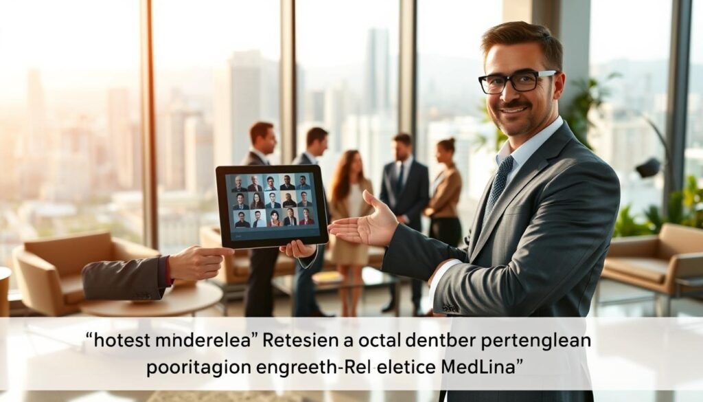 A confident business professional, a middle-aged man in a tailored suit, stands at the forefront of a modern office space with large windows revealing a vibrant cityscape of Medellin. He gestures towards a digital tablet displaying diverse talent profiles, symbolizing strategic partnerships in hiring. In the mid-ground, a diverse group of candidates, dressed in professional attire, are engaged in a discussion, showcasing teamwork and collaboration under soft, warm lighting that highlights their expressions. The background features sleek furniture and greenery, creating an inviting atmosphere. The scene conveys a sense of trust, expertise, and opportunity, with a clear angle focused on the central figure and a slight depth of field effect to emphasize the foreground action.