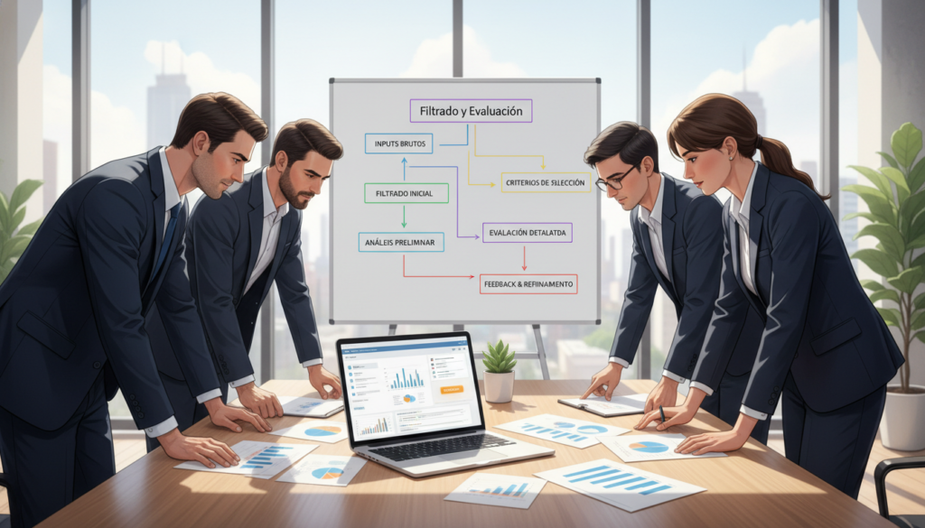 A detailed and organized illustration depicting the "Filtrado y Evaluación" process. In the foreground, include a diverse team of four professionals, dressed in business attire, collaborating over a table scattered with documents, charts, and a laptop displaying data analysis. In the middle ground, visualize a flowchart on a whiteboard, outlining the step-by-step filtering process with colorful, interconnected arrows. In the background, a modern office setting with large windows allowing natural light to fill the room, casting soft shadows. The atmosphere is focused and dynamic, reflecting a professional environment dedicated to optimizing results. Use bright, inviting colors to create an engaging and informative composition.