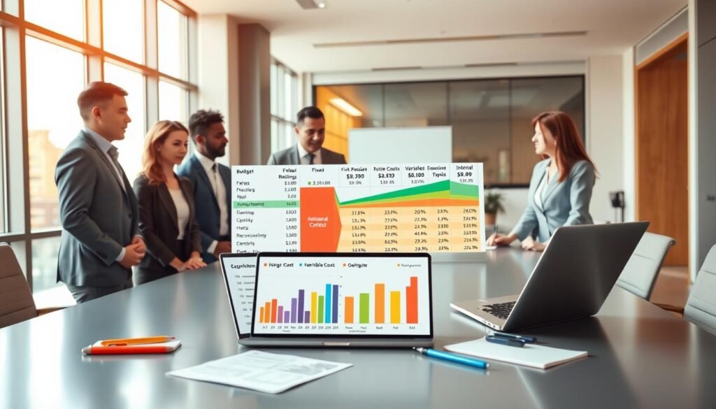 A detailed and visually engaging scene illustrating a recruitment budget concept. In the foreground, a diverse group of professionals in business attire reviews a large, colorful budget chart on a sleek conference table, showcasing fixed and variable costs for internal and external recruitment. In the middle ground, a laptop displays graphs and figures related to hiring expenses, surrounded by notepads and pens. The background features a modern office space with large windows letting in warm, natural light, creating an inviting atmosphere. The scene conveys a collaborative and analytical mood, emphasizing professionalism and strategic planning in the recruitment process. The image should be bright and well-lit, captured from a slightly elevated angle to provide depth and context.