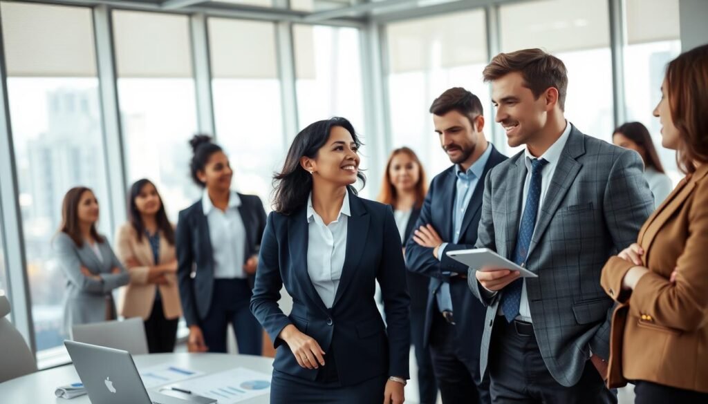 A diverse group of business executives in a modern office setting, showcasing a professional atmosphere. In the foreground, a confident female executive in a tailored navy suit, and a male executive in a gray blazer, both engaged in a lively discussion. In the middle ground, a round conference table with charts and laptops, while other executives attentively listen. The background features large windows with city views, softly illuminated by natural light. The scene embodies collaboration and high-level decision-making, with a slight focus on teamwork and leadership. The mood is dynamic and inspiring, reflecting ambition and professionalism in a corporate environment. A diverse group of business executives in a modern office setting, showcasing a professional atmosphere. In the foreground, a confident female executive in a tailored navy suit, and a male executive in a gray blazer, both engaged in a lively discussion. In the middle ground, a round conference table with charts and laptops, while other executives attentively listen. The background features large windows with city views, softly illuminated by natural light. The scene embodies collaboration and high-level decision-making, with a slight focus on teamwork and leadership. The mood is dynamic and inspiring, reflecting ambition and professionalism in a corporate environment.