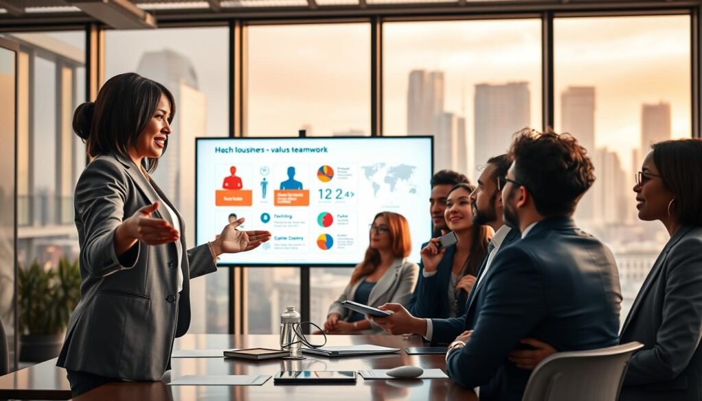 A diverse group of professional individuals engaged in a dynamic business meeting within a modern office space. In the foreground, a confident female team leader gestures towards a digital presentation showcasing various cultural values and teamwork. The middle ground features an eclectic mix of employees thoughtfully observing and taking notes, each wearing professional attire that reflects their unique cultural backgrounds. In the background, large windows reveal a city skyline bathed in warm, natural light, enhancing the atmosphere of collaboration and inclusivity. The overall mood is focused and inspiring, emphasizing the importance of cultural fit and experience in building long-term professional relationships. The composition captures the essence of teamwork and shared values, with a soft depth of field to draw attention to the interactions among the individuals.