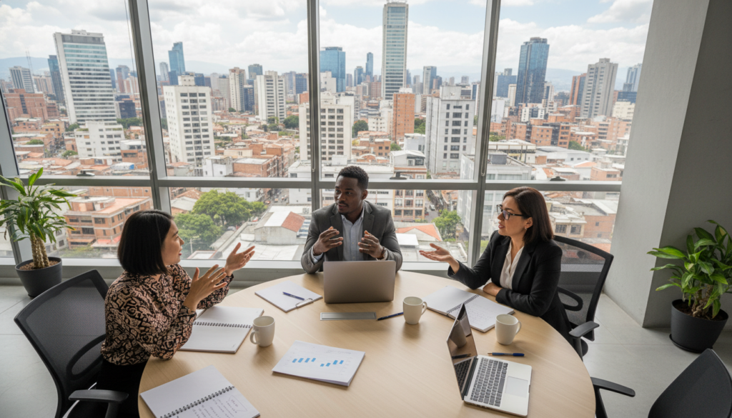 A diverse group of professionals engaged in a collaborative discussion in a bright, modern office space. In the foreground, three individuals represent various ethnic backgrounds, dressed in professional attire, exchanging ideas with enthusiasm. The middle of the image features a round table filled with laptops, notebooks, and coffee mugs, symbolizing teamwork and innovation. In the background, large windows let in natural light, revealing a bustling urban landscape of Colombia, adding to the vibrant atmosphere. The mood is inspiring and energetic, capturing the essence of employer branding and talent attraction. The image is well-lit, using soft shadowing to enhance depth, shot from a slight overhead angle to convey perspective and inclusion without any text or distractions.
