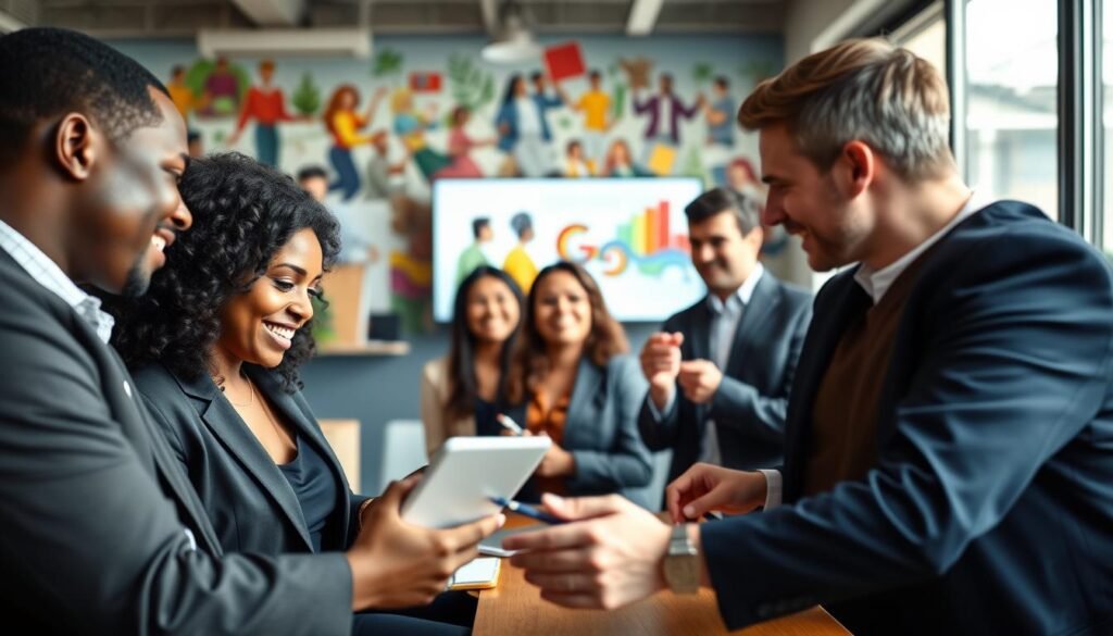 A diverse group of professionals engaged in a collaborative meeting, set in a modern office with large windows allowing natural light to flood the space. In the foreground, a Black woman and a Hispanic man are exchanging ideas animatedly over a digital tablet, both dressed in smart business attire. The middle ground features a cheerful South Asian woman taking notes, while a Caucasian man gestures towards a colorful visual chart on a nearby screen. The background shows a vibrant, multicultural mural depicting various cultural symbols and teamwork. The atmosphere feels dynamic and inclusive, highlighting the essence of cultural fit and diversity in building high-performance teams. The lens captures the scene with a shallow depth of field, softening the surroundings and focusing on the engaged professionals' expressions.