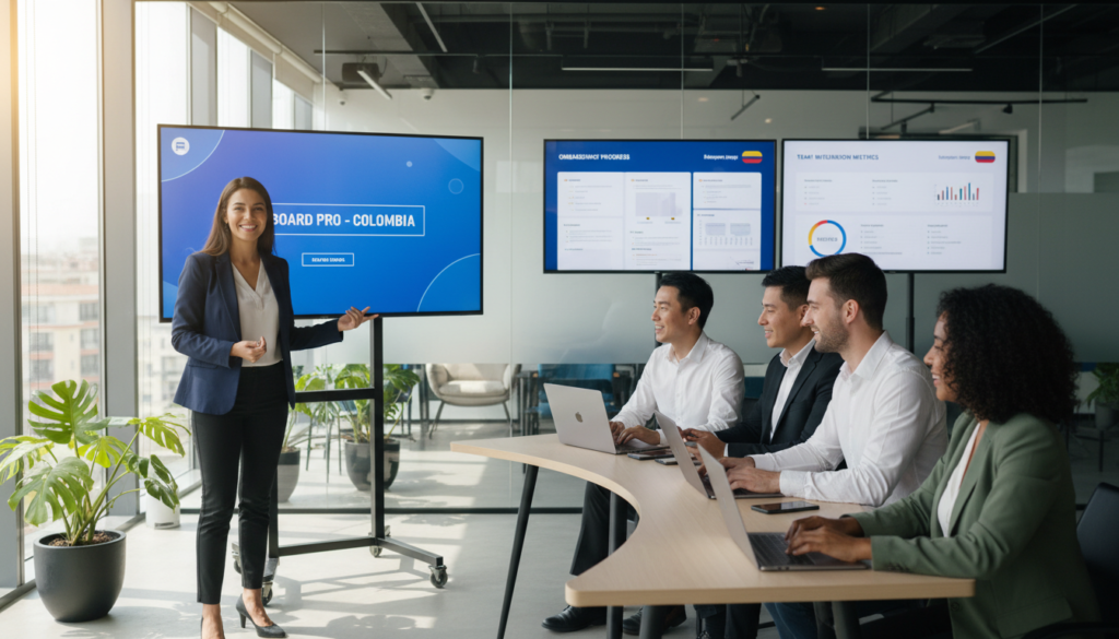A diverse group of professionals engaged in a dynamic digital onboarding session within a modern office environment. In the foreground, a smiling facilitator demonstrating onboarding software on a large screen, dressed in smart business attire. In the middle, several individuals of various ethnicities and genders actively participating, using laptops and tablets, conveying enthusiasm and collaboration. The backdrop features a sleek, well-lit office with plants, glass walls, and digital charts displaying onboarding metrics. Natural light filters through large windows, creating an inviting atmosphere. The image should evoke a sense of innovation and teamwork, showcasing the importance of effective onboarding strategies for companies in Colombia.