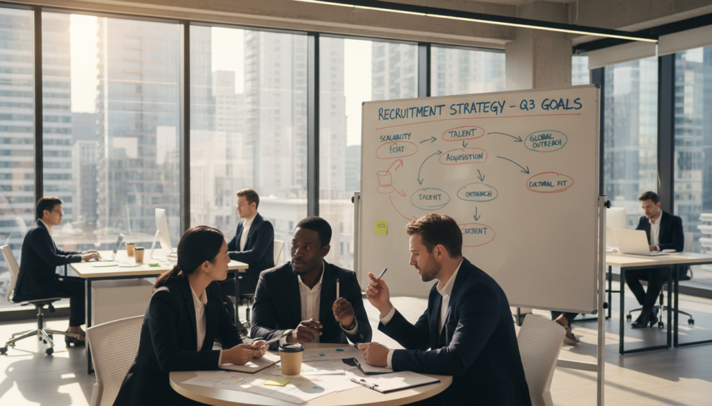 A diverse group of professionals working collaboratively in a modern office environment, illustrating common challenges faced by growing organizations. In the foreground, three individuals are engaged in a brainstorming session, one woman and two men of different ethnicities, all wearing smart business attire. The middle ground features a large whiteboard filled with diagrams and notes, representing the analytical approach to recruitment. In the background, large windows allow natural light to flood the space, highlighting a vibrant cityscape. The atmosphere is one of productivity and innovation, with a focus on teamwork and strategic problem-solving. The lighting is bright and inviting, enhancing the sense of optimism and growth within the organization.