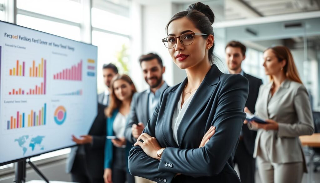 A dynamic office environment showcasing a diverse group of professionals engaged in a collaborative recruitment strategy meeting. In the foreground, a confident woman in a smart business suit is presenting on a digital screen filled with vibrant graphs and growth charts. The middle ground features attentive colleagues from various backgrounds, wearing professional attire, taking notes and discussing ideas. The background consists of a modern office space with large windows allowing natural light to flood the room, creating a bright and inviting atmosphere. The lighting is soft yet well-defined, conveying a sense of energy and innovation. A subtle hint of greenery through the windows adds a refreshing touch, emphasizing a positive and inclusive workplace culture.