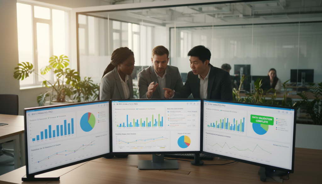 A dynamic office environment showcasing professionals reviewing software reviews on multiple screens. In the foreground, a diverse group of businesspeople—two men and a woman—are engaged in a discussion, dressed in professional business attire. The middle layer features large computer monitors displaying detailed software review graphs and analytics, with colorful visuals representing data validation. In the background, a modern office setup with glass walls and lush indoor plants complements the scene. Soft, diffused lighting creates an optimistic atmosphere, emphasizing collaboration and informed decision-making. The angle captures the energy of teamwork and focus, while ensuring a balance between digital interfaces and human interaction.