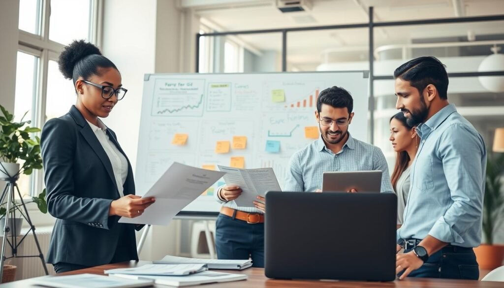 A dynamic office scene depicting a diverse group of four professionals engaged in a collaborative hiring process. In the foreground, a confident woman in a smart business suit reviews resumes with a focused expression, while next to her, a man in a casual shirt analyzes candidate profiles on a laptop. In the middle ground, a whiteboard filled with notes and charts illustrates effective recruitment techniques, offering a colorful, informative backdrop. In the background, large windows let in natural light, creating an inviting atmosphere that reflects teamwork and professionalism. The mood is energetic and optimistic, emphasizing collaboration and the importance of strategic selection in human resources. Use a wide-angle lens for depth, capturing the dynamic interactions and professional setting. A dynamic office scene depicting a diverse group of four professionals engaged in a collaborative hiring process. In the foreground, a confident woman in a smart business suit reviews resumes with a focused expression, while next to her, a man in a casual shirt analyzes candidate profiles on a laptop. In the middle ground, a whiteboard filled with notes and charts illustrates effective recruitment techniques, offering a colorful, informative backdrop. In the background, large windows let in natural light, creating an inviting atmosphere that reflects teamwork and professionalism. The mood is energetic and optimistic, emphasizing collaboration and the importance of strategic selection in human resources. Use a wide-angle lens for depth, capturing the dynamic interactions and professional setting.