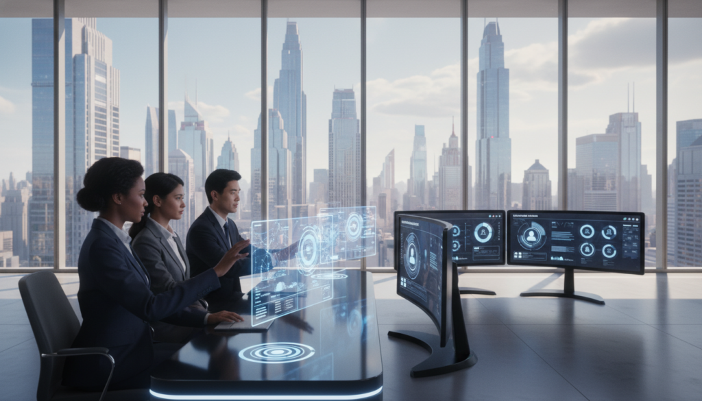 A futuristic office space showcasing the theme of artificial intelligence in recruiting. In the foreground, a diverse group of three professional candidates dressed in business attire, deeply engaged in a virtual interview through advanced holographic screens displaying data and analytics. In the middle, AI-driven recruitment software interface visible on sleek monitors, featuring graphs and candidate profiles. In the background, an impressive cityscape through large windows, symbolizing growth and opportunity, with a bright, inviting ambiance enhanced by natural lighting. The mood is collaborative and optimistic, emphasizing innovation in hiring processes. Use a wide-angle lens for a spacious feel, capturing the high-tech environment and the dynamic interactions.