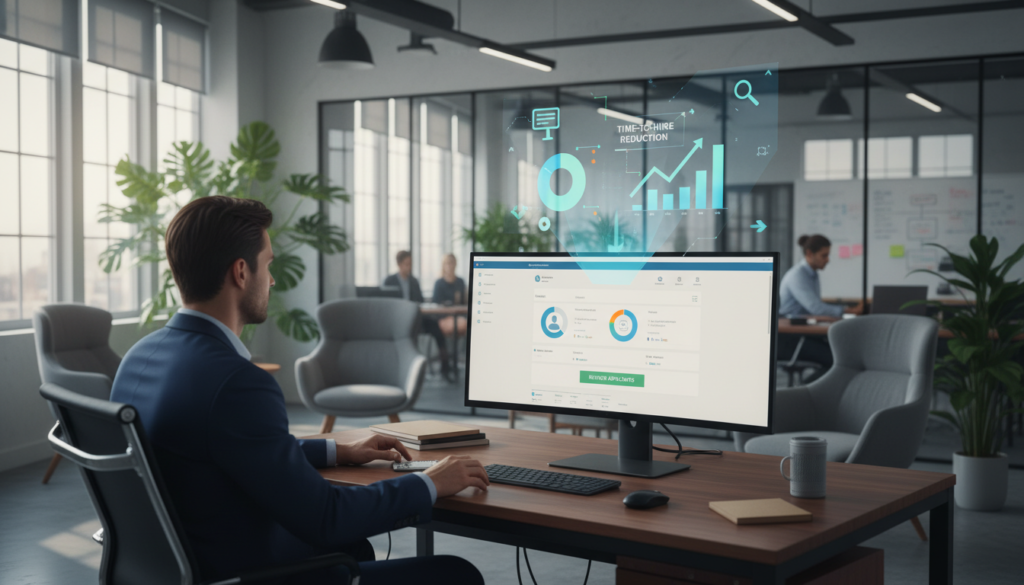 A modern and sleek office environment, showcasing a user-friendly Applicant Tracking System (ATS) interface on a computer monitor in the foreground. A professional, dressed in smart business attire, is seated at a stylish desk, engaging thoughtfully with the system, highlighting ease of use. In the middle, vibrant digital elements like graphs and icons representing recruitment analytics seamlessly rise from the screen, emphasizing the efficiency and effectiveness of recruitment processes. The background features a bright, well-lit office with subtle greenery and contemporary furniture, exuding a professional yet approachable ambiance. Soft, natural lighting filters in through large windows, creating a warm and inviting atmosphere, capturing a sense of productivity and modernity. A modern and sleek office environment, showcasing a user-friendly Applicant Tracking System (ATS) interface on a computer monitor in the foreground. A professional, dressed in smart business attire, is seated at a stylish desk, engaging thoughtfully with the system, highlighting ease of use. In the middle, vibrant digital elements like graphs and icons representing recruitment analytics seamlessly rise from the screen, emphasizing the efficiency and effectiveness of recruitment processes. The background features a bright, well-lit office with subtle greenery and contemporary furniture, exuding a professional yet approachable ambiance. Soft, natural lighting filters in through large windows, creating a warm and inviting atmosphere, capturing a sense of productivity and modernity.