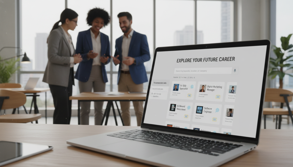 A modern and visually engaging career site interface displayed on a sleek laptop screen. The foreground features a close-up of the laptop, with the career site showcasing job listings and a user-friendly design emphasizing SEO-friendly elements. In the middle ground, a diverse group of professionals in smart business attire collaborates, pointing at the screen with expressions of excitement and interest. In the background, an airy, well-lit office environment with minimalist decor, plants, and large windows allowing natural light to flood in. The scene conveys a productive and inspiring atmosphere, emphasizing efficiency and integration in the recruitment process. The lighting is soft yet bright, creating a welcoming and professional mood, perfect for illustrating modern employment solutions.