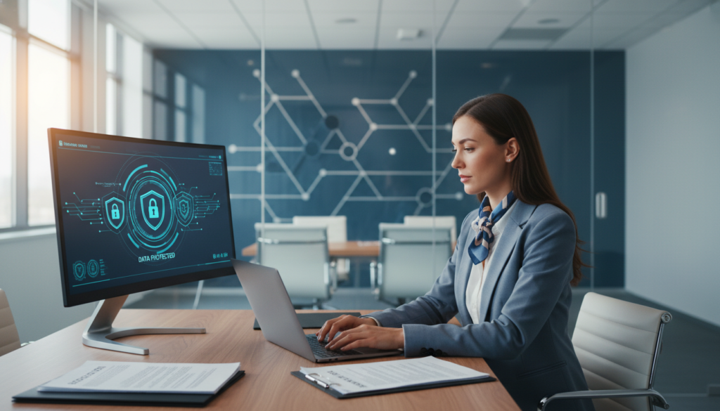 A modern office environment conveying security and data privacy. In the foreground, show a professional businesswoman calmly reviewing candidate data on a laptop, dressed in modest professional attire. The middle ground features a sleek desk with documents and security-related icons representing data protection—such as padlocks and shields—on a digital screen. The background is a soft-focus image of a glass-walled conference room with abstract privacy-themed artwork. The lighting is bright and inviting, emphasizing a sense of trust and safety. The atmosphere should feel secure and professional, conveying the message that the protection of candidate data is non-negotiable in today’s business landscape. A modern office environment conveying security and data privacy. In the foreground, show a professional businesswoman calmly reviewing candidate data on a laptop, dressed in modest professional attire. The middle ground features a sleek desk with documents and security-related icons representing data protection—such as padlocks and shields—on a digital screen. The background is a soft-focus image of a glass-walled conference room with abstract privacy-themed artwork. The lighting is bright and inviting, emphasizing a sense of trust and safety. The atmosphere should feel secure and professional, conveying the message that the protection of candidate data is non-negotiable in today’s business landscape.