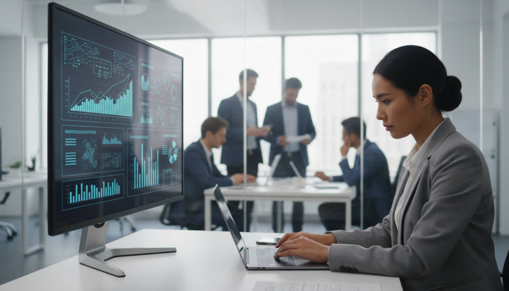 A modern office environment featuring a diverse team of professionals using advanced technology for recruitment. In the foreground, a woman in professional business attire analyzes data on a sleek laptop, her focused expression reflecting the integration of artificial intelligence in the hiring process. In the middle, a large digital display shows algorithms and analytics related to recruitment metrics, with visual representations of data flows. In the background, glass walls reveal a busy workspace, illuminated by natural light streaming in, creating a bright and inspiring atmosphere. The overall mood is one of innovation and collaboration, emphasizing the synergy between human insight and AI technology in effective recruitment strategies.