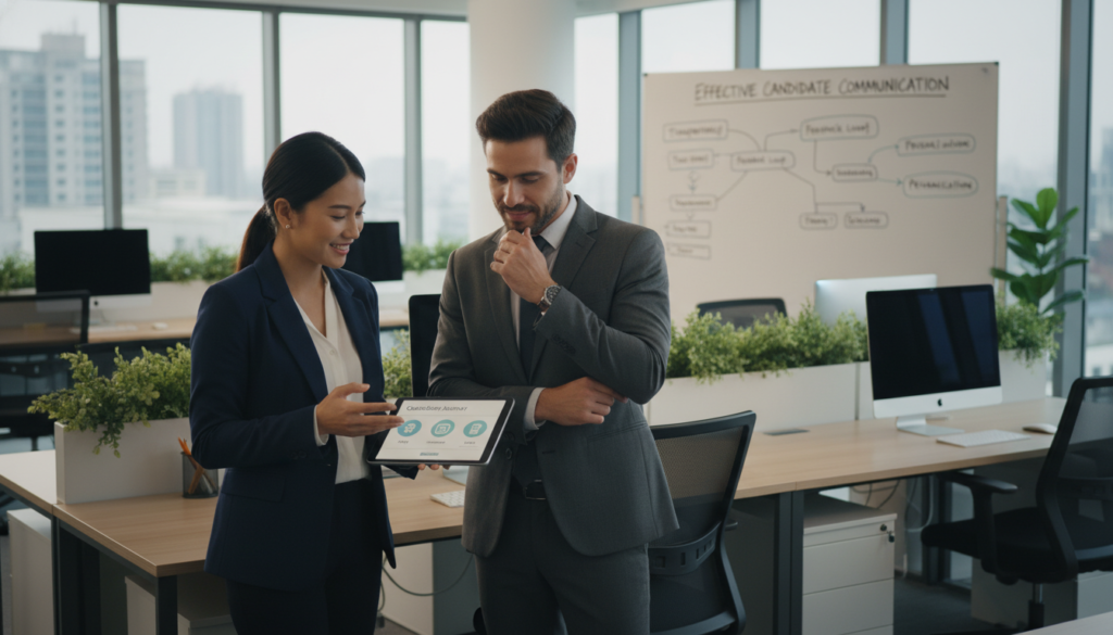 A modern office environment featuring a group of diverse professionals engaged in a discussion about candidate experience. In the foreground, a smiling woman in business attire is gesturing towards a digital tablet displaying a user-friendly interface. Beside her, a man in a sleek suit nods in agreement, showcasing teamwork. The middle ground shows a bright, open workspace with clean lines, large windows letting in natural light, and plants for a touch of greenery. In the background, a whiteboard is filled with charts and notes about effective communication strategies. The mood is collaborative and innovative, emphasizing professionalism and transparency in candidate communication. Use soft, warm lighting to enhance a welcoming atmosphere. Opt for a slightly elevated angle for a dynamic perspective.
