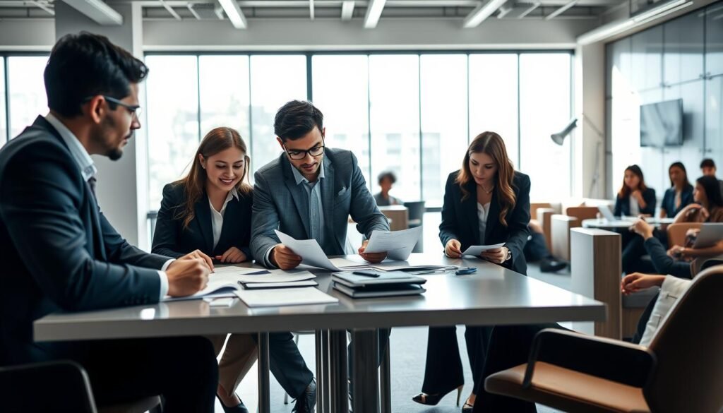A modern office environment featuring a group of professional headhunters in Colombia evaluating candidates based on their experience. In the foreground, three diverse professionals in business attire are deeply engaged in discussion around a table, reviewing resumes and sharing insights. The middle ground shows a large window with natural light pouring in, highlighting the sleek, contemporary décor of the office. In the background, more candidates wait comfortably in a lounge area, looking hopeful. The lighting is bright yet warm, enhancing the professional atmosphere while shadows create depth. The mood is one of focus, collaboration, and anticipation, capturing the essence of the hiring process. No text or branding elements are present. A modern office environment featuring a group of professional headhunters in Colombia evaluating candidates based on their experience. In the foreground, three diverse professionals in business attire are deeply engaged in discussion around a table, reviewing resumes and sharing insights. The middle ground shows a large window with natural light pouring in, highlighting the sleek, contemporary décor of the office. In the background, more candidates wait comfortably in a lounge area, looking hopeful. The lighting is bright yet warm, enhancing the professional atmosphere while shadows create depth. The mood is one of focus, collaboration, and anticipation, capturing the essence of the hiring process. No text or branding elements are present.