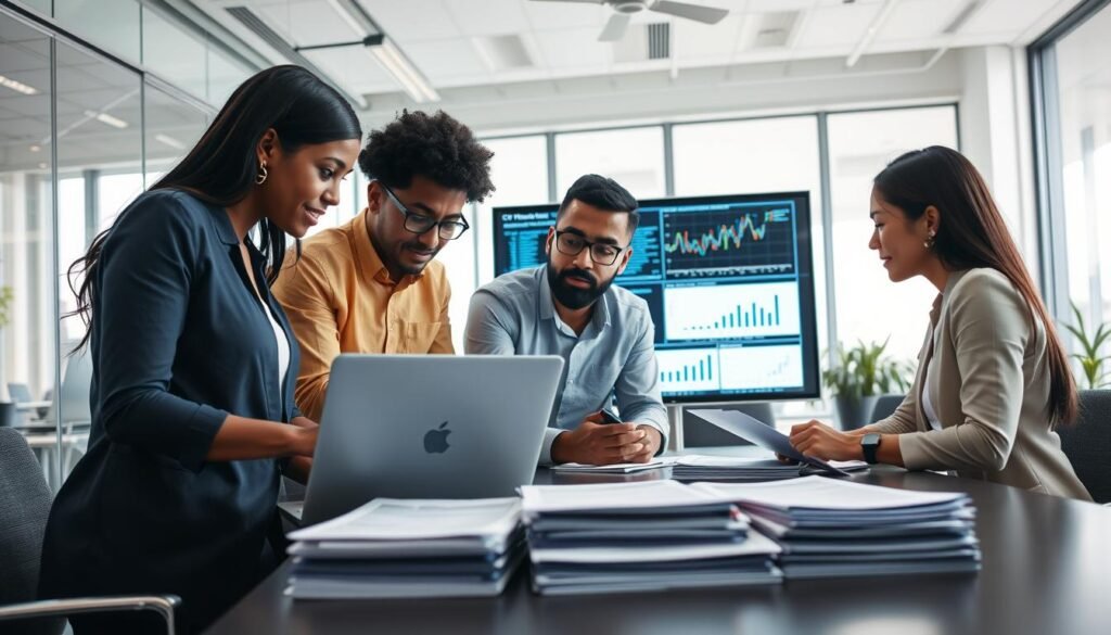 A modern office environment filled with professionals analyzing resumes using natural language processing (NLP) technology. In the foreground, a diverse group of three individuals—one Black woman, one Hispanic man, and one Asian woman—are engaged in intense discussion over a laptop displaying complex data analysis of CVs. The middle layer features digital screens showing graphs and algorithms related to recruitment, while stacks of resumes are neatly organized on a conference table. The background reveals a bright, airy office with floor-to-ceiling windows letting in natural light, softening the high-tech ambiance. The lighting is soft and professional, creating a focused, collaborative mood, with a wide-angle perspective that captures the depth of the workspace. A modern office environment filled with professionals analyzing resumes using natural language processing (NLP) technology. In the foreground, a diverse group of three individuals—one Black woman, one Hispanic man, and one Asian woman—are engaged in intense discussion over a laptop displaying complex data analysis of CVs. The middle layer features digital screens showing graphs and algorithms related to recruitment, while stacks of resumes are neatly organized on a conference table. The background reveals a bright, airy office with floor-to-ceiling windows letting in natural light, softening the high-tech ambiance. The lighting is soft and professional, creating a focused, collaborative mood, with a wide-angle perspective that captures the depth of the workspace.