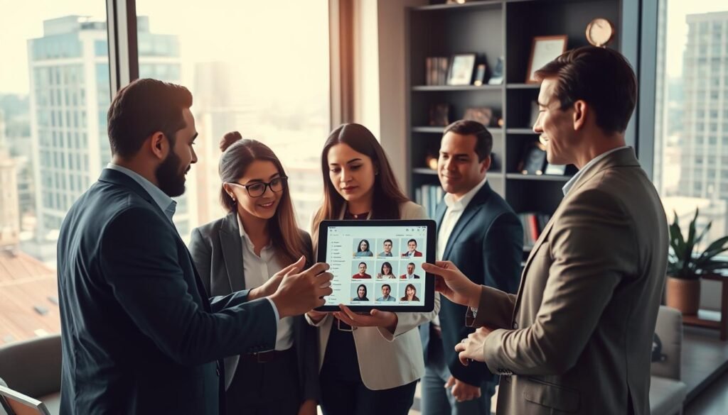 A modern office environment in Bogotá, Colombia, showcasing a professional meeting space filled with a diverse group of four professionals engaged in a discussion about talent acquisition. In the foreground, two individuals in business attire, a man and a woman, are examining a digital tablet displaying a talent directory. The middle ground features a large window with natural light streaming in, revealing the bustling cityscape of Bogotá outside. In the background, a stylish bookshelf filled with business books and awards adds to the professional atmosphere. The overall mood is collaborative and focused, with warm lighting casting soft shadows, creating an inviting and sophisticated environment that emphasizes expertise in talent hunting. A modern office environment in Bogotá, Colombia, showcasing a professional meeting space filled with a diverse group of four professionals engaged in a discussion about talent acquisition. In the foreground, two individuals in business attire, a man and a woman, are examining a digital tablet displaying a talent directory. The middle ground features a large window with natural light streaming in, revealing the bustling cityscape of Bogotá outside. In the background, a stylish bookshelf filled with business books and awards adds to the professional atmosphere. The overall mood is collaborative and focused, with warm lighting casting soft shadows, creating an inviting and sophisticated environment that emphasizes expertise in talent hunting.