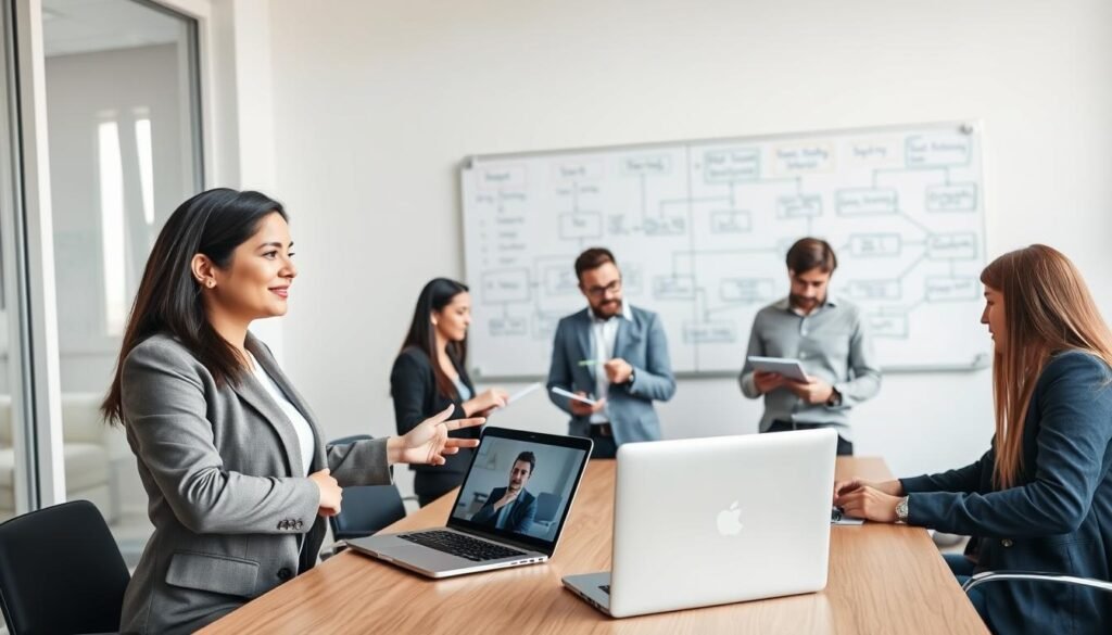 A modern office environment showcasing a structured recruitment process, with a diverse group of professionals gathered around a conference table. In the foreground, a confident woman in a smart business suit discusses a candidate’s resume, gesturing towards a laptop displaying a video call with a potential hire. In the middle, two men, one with glasses and a notepad, and another reviewing candidate profiles on a tablet, engage in focused conversation. The background features a large whiteboard filled with notes and flowcharts illustrating the step-by-step selection process. Soft, natural lighting from large windows creates an inviting atmosphere, enhancing the sense of teamwork and professionalism. Capture an optimal angle that highlights the collaboration and organization in the hiring process, ensuring all individuals appear engaged and focused.