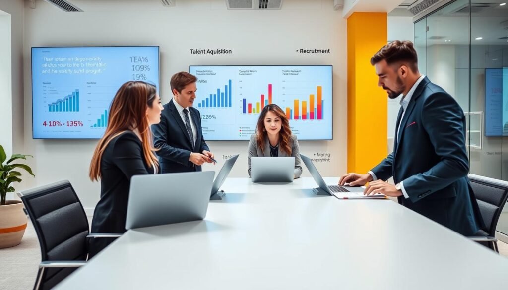 A modern office environment showcasing current recruitment trends in a vibrant and engaging way. In the foreground, a diverse group of four professionals dressed in smart business attire—two women and two men—are engaged in a collaborative discussion around a sleek table with laptops and digital devices. In the middle ground, a large screen displays data analytics and talent acquisition graphs, illustrating the role of technology in recruitment. The background features a wall with motivational quotes about teamwork and innovation. Bright, natural lighting floods the space, creating an optimistic and professional atmosphere. The camera angle captures the group from a slightly elevated perspective, emphasizing collaboration and strategic thinking in the hiring process.