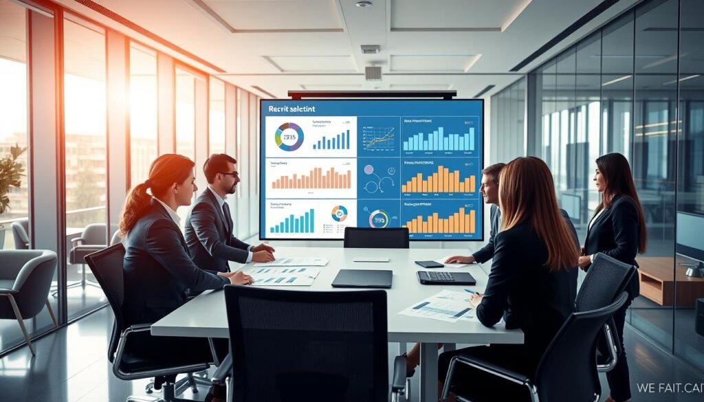 A modern office environment showcasing the recruitment process for personnel selection. In the foreground, a diverse group of professionals, dressed in smart business attire, are engaged in a collaborative discussion around a conference table, reviewing charts and graphs representing recruitment metrics. In the middle, a large digital projection displays key performance indicators and data analysis related to hiring efficiency and candidate profiles. The background features a sleek office design with glass walls and modern furniture, filled with natural light streaming in through large windows. The overall atmosphere is dynamic and focused, capturing a sense of professionalism and teamwork, with a slight warmth in the lighting to create an inviting environment.