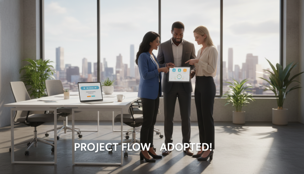 A modern office environment that conveys ease of use and team adoption in a tech-driven workspace. In the foreground, a diverse group of three professionals, dressed in professional business attire, are engaging in a collaborative discussion over a digital tablet displaying user-friendly software. In the middle, a sleek, minimalistic desk with organized documents and a laptop showcasing a simplified interface. In the background, large windows allowing warm natural light to flood the room, casting soft shadows, with a view of a city skyline. The atmosphere is optimistic and productive, illustrating a seamless integration of technology in the workplace, highlighting the difference between merely purchasing software and effectively utilizing it. The image should be vibrant and inviting, capturing the essence of innovation and teamwork. A modern office environment that conveys ease of use and team adoption in a tech-driven workspace. In the foreground, a diverse group of three professionals, dressed in professional business attire, are engaging in a collaborative discussion over a digital tablet displaying user-friendly software. In the middle, a sleek, minimalistic desk with organized documents and a laptop showcasing a simplified interface. In the background, large windows allowing warm natural light to flood the room, casting soft shadows, with a view of a city skyline. The atmosphere is optimistic and productive, illustrating a seamless integration of technology in the workplace, highlighting the difference between merely purchasing software and effectively utilizing it. The image should be vibrant and inviting, capturing the essence of innovation and teamwork.
