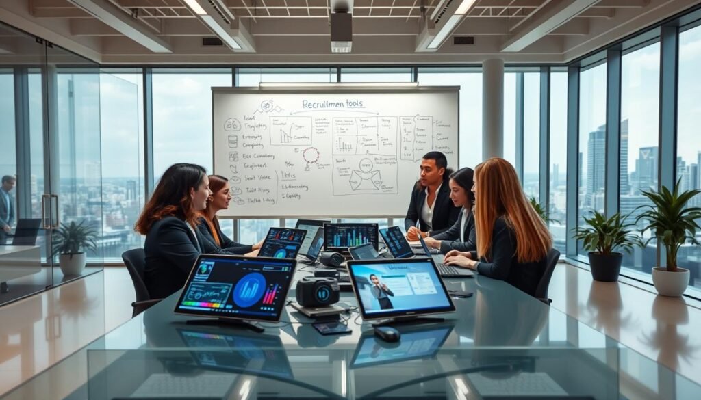 A modern office environment that showcases software recruitment tools in action. In the foreground, a diverse group of professionals in business attire is engaged in a collaborative discussion around a sleek, high-tech table filled with digital devices displaying vibrant data analytics and recruitment software interfaces. The middle ground features a large whiteboard filled with strategic planning notes and diagrams related to optimizing recruitment costs and enhancing talent quality. The background includes large windows allowing natural light to stream in, with a vibrant cityscape visible outside. The mood is energetic and optimistic, emphasizing teamwork and innovation in the hiring process. Use soft, focused lighting with a slightly shallow depth of field to create an inviting yet professional atmosphere.