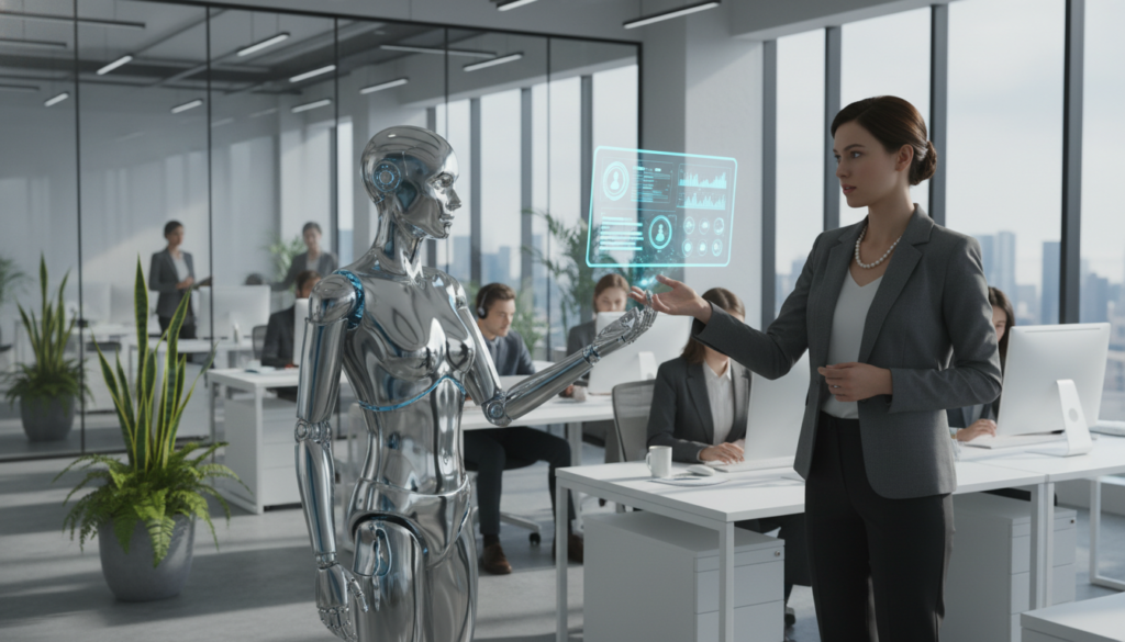 A modern office environment with a focus on Human Resources and AI integration. In the foreground, a professional HR manager, dressed in business attire, interacts with a sleek, humanoid AI assistant that displays a holographic interface showing employee data and analytics. The middle ground features colleagues collaborating at workstations, using laptops and digital tools, while the background reveals a bright, open office space with glass walls, plants, and natural lighting streaming in. The atmosphere conveys innovation and efficiency, highlighting the transformative impact of AI on human resources. The overall mood is dynamic and forward-thinking, promoting automation and teamwork.