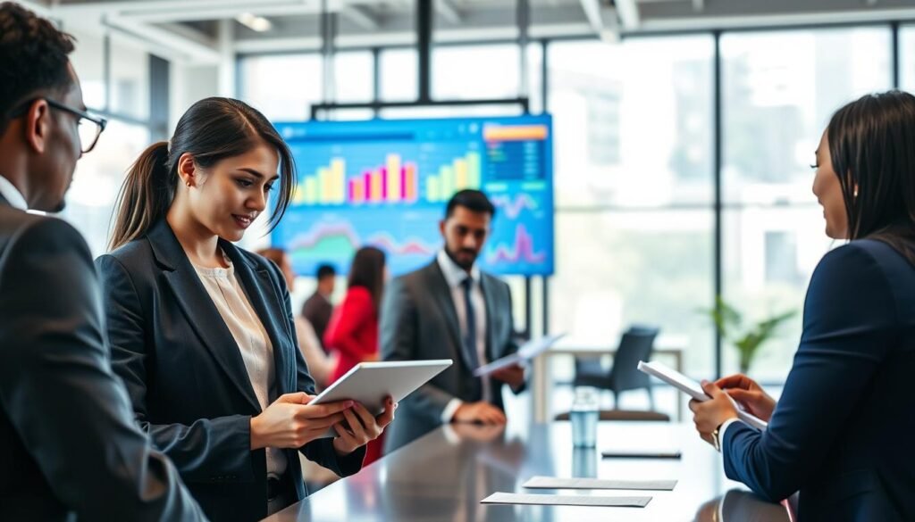 A modern office scene depicting a diverse group of professionals engaged in a dynamic selection process meeting. In the foreground, a focused businesswoman wearing a smart blazer analyzes candidate profiles on a sleek tablet, while a professional man, also in formal attire, takes notes during the discussion. In the middle ground, a large digital screen displays colorful graphs and analytics, symbolizing automation and data-driven decisions. The background features a bright, open workspace with large windows allowing natural light to flood in, creating an optimistic and collaborative atmosphere. The overall mood is one of efficiency and continuous improvement, highlighting teamwork and modern technology in the recruitment process.