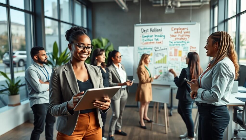 A modern office setting featuring a diverse group of professionals engaged in a recruitment meeting. In the foreground, a confident woman in professional attire is presenting a job description on a digital tablet, while colleagues actively discuss and take notes. The middle ground showcases a large whiteboard filled with colorful charts and notes about employer branding and job vacancy strategies. In the background, large windows allow natural light to flood the space, highlighting a contemporary design with plants and workstations. The atmosphere is dynamic and collaborative, capturing a sense of excitement and opportunity in talent acquisition. The scene is shot with a wide-angle lens to encompass the entire room, enhancing the feeling of openness and teamwork.