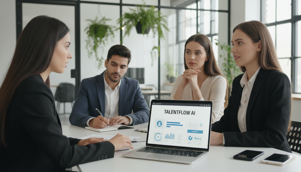 A modern office setting featuring a diverse team of professional individuals engaged in a dynamic discussion about recruitment software. In the foreground, a confident woman in a smart business suit is presenting on a laptop, displaying a user-friendly recruitment dashboard. In the middle, a man in a tailored blazer takes notes, while a woman in a stylish dress oversees the presentation, her expression thoughtful. The background reveals a sleek office space with glass walls, modern furniture, and biophilic elements like indoor plants. Soft, natural lighting permeates the room, creating a bright and inviting atmosphere. The angle captures the collaborative spirit of the team, emphasizing innovation and professionalism in selecting the right recruitment software.