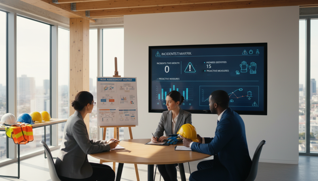 A modern office setting focused on workplace safety, featuring diverse professionals in business attire. In the foreground, a group of three employees – a Hispanic woman, a Black man, and a Caucasian woman – actively engaging in a risk assessment meeting. They are surrounded by visual aids such as charts and safety equipment like helmets and gloves. The middle ground showcases a large screen displaying safety statistics and hazard identification points. In the background, windows reveal a cityscape, bathed in natural daylight. The scene conveys a collaborative atmosphere of vigilance and responsibility, with warm lighting highlighting the engaged expressions of the team. The composition should emphasize teamwork and proactive safety measures, with a slightly elevated angle to capture the action effectively.