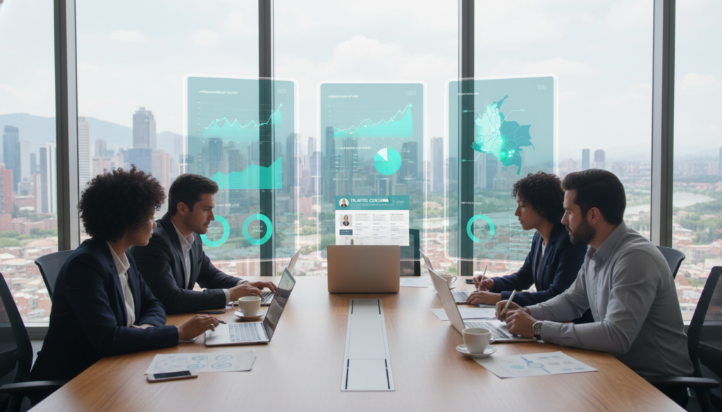 A modern office setting illustrating "Digital Recruitment." In the foreground, a diverse group of professionals in business attire are engaged around a large table filled with laptops and digital devices. One woman is showing an online job portal on her laptop, while a man takes notes on a tablet. In the middle ground, there are large digital screens displaying graphs and recruitment metrics, reflecting an atmosphere of innovation and collaboration. The background features large windows letting in natural light, with a view of a city skyline, conveying a bustling metropolitan environment. The overall mood is dynamic and focused, with a color palette that combines professional blues and greens, evoking a sense of growth and opportunity in recruitment strategies in Colombia.