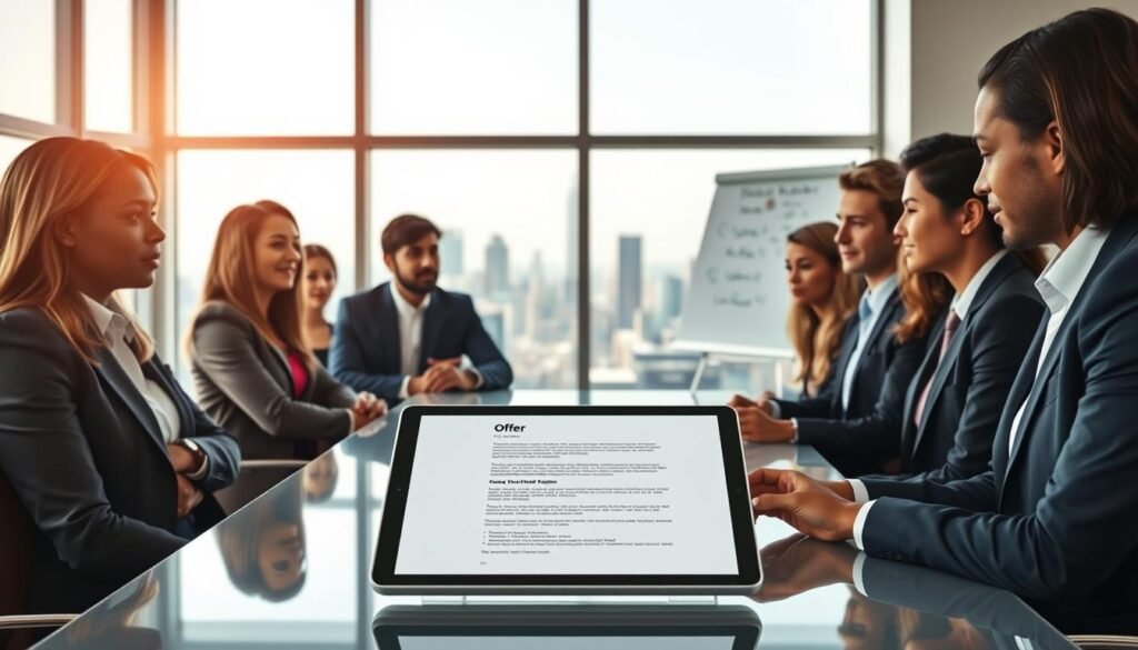 A modern office setting illustrating the final phase of a hiring process. In the foreground, a diverse group of professionals in business attire are engaged in a discussion around a sleek conference table, with expressions of anticipation. On the table, a digital tablet displays an offer letter, symbolizing the transition from decision-making to hiring. In the middle ground, a large window showcases a bustling city skyline, indicating a vibrant work environment. Soft, natural lighting streams in, creating a warm and inviting atmosphere. The background features subtle details like a whiteboard with brainstorming notes, emphasizing teamwork and collaboration. The image conveys a sense of professionalism, achievement, and readiness for the next steps in the employment process.