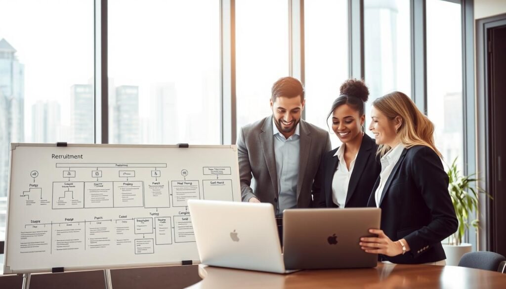 A modern office setting with a focus on efficiency and teamwork. In the foreground, a diverse group of three professionals, two women and one man, are engaged in a dynamic discussion around a laptop, showcasing enthusiasm and collaboration. They are dressed in professional business attire; the women in smart blouses and the man in a tailored suit. In the middle ground, a whiteboard filled with flowcharts and timelines illustrates the streamlined recruitment process. The background features a view of a bright city skyline through large glass windows, symbolizing progress and opportunity. The lighting is bright and natural, creating an optimistic atmosphere. Capture the scene with a slight tilt angle to emphasize the sense of urgency and innovation in recruitment efficiency.