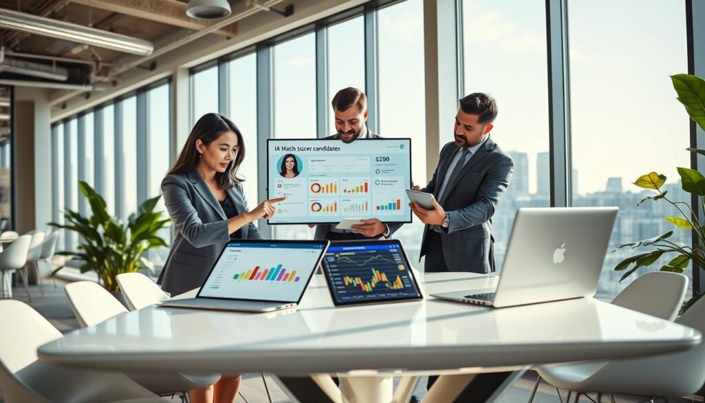 A modern office setting with diverse HR professionals engaged in collaborative discussions around a digital interface displaying "IA-Match scoring candidates." In the foreground, a female HR manager in a professional attire points at a tablet while a male colleague, also in business attire, analyzes candidate data on a laptop. The middle ground features a sleek table with a futuristic laptop and another tablet showcasing colorful graphs and data visuals. The background has large windows with a view of a cityscape and leafy plants adding a touch of greenery. The lighting is bright and natural, creating an optimistic and innovative atmosphere. Use a slightly elevated angle to capture the dynamic action and focus on the technology in use, emphasizing the integration of AI in human resources processes. A modern office setting with diverse HR professionals engaged in collaborative discussions around a digital interface displaying "IA-Match scoring candidates." In the foreground, a female HR manager in a professional attire points at a tablet while a male colleague, also in business attire, analyzes candidate data on a laptop. The middle ground features a sleek table with a futuristic laptop and another tablet showcasing colorful graphs and data visuals. The background has large windows with a view of a cityscape and leafy plants adding a touch of greenery. The lighting is bright and natural, creating an optimistic and innovative atmosphere. Use a slightly elevated angle to capture the dynamic action and focus on the technology in use, emphasizing the integration of AI in human resources processes.