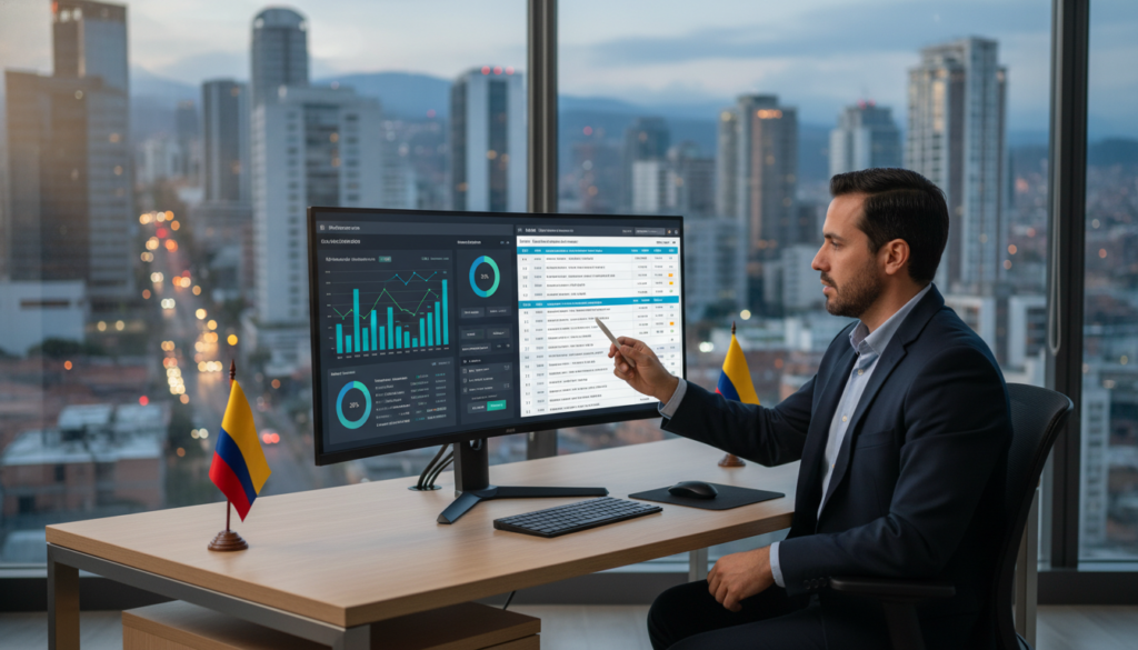 A modern office space showcasing a digital data management system for candidate databases. In the foreground, a sleek computer screen displays graphs, charts, and organized lists of candidates, symbolizing efficiency and reliability. In the middle ground, a professional business person in business attire is interacting with the screen, analyzing data with a focused expression. The background features large windows with a view of a bustling cityscape, conveying a vibrant business atmosphere. Soft, natural lighting filters through the windows, creating a bright and inviting ambiance. The overall mood is one of professionalism and productivity, reflecting a commitment to effective candidate management in Colombia.