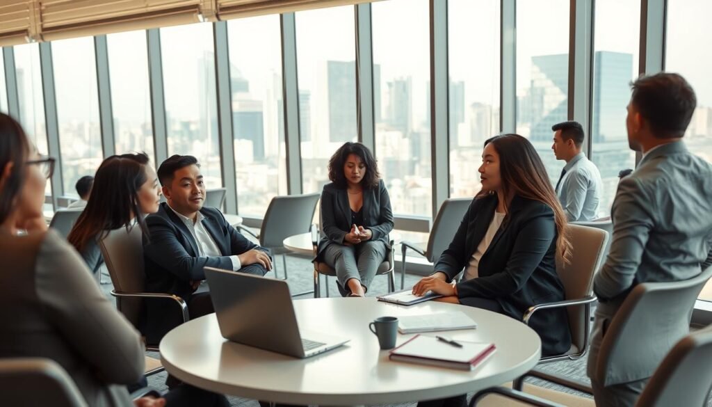 A modern, professional office environment filled with diverse individuals engaged in interviews. In the foreground, a confident interviewer, dressed in business attire, is seated across from a candidate who is dressed smartly. The middle of the scene features a round table with a laptop and notepads, symbolizing data-driven techniques in the selection process. In the background, glass windows reveal a bustling cityscape, hinting at a vibrant corporate atmosphere. Soft, natural light filters through the windows, creating a warm, welcoming mood, while an angled perspective suggests depth. The overall atmosphere conveys professionalism and the transition to innovative recruitment methods. A modern, professional office environment filled with diverse individuals engaged in interviews. In the foreground, a confident interviewer, dressed in business attire, is seated across from a candidate who is dressed smartly. The middle of the scene features a round table with a laptop and notepads, symbolizing data-driven techniques in the selection process. In the background, glass windows reveal a bustling cityscape, hinting at a vibrant corporate atmosphere. Soft, natural light filters through the windows, creating a warm, welcoming mood, while an angled perspective suggests depth. The overall atmosphere conveys professionalism and the transition to innovative recruitment methods.