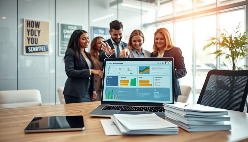 A modern recruitment technology workspace, featuring a sleek desk with a high-end laptop displaying a recruitment software dashboard. In the foreground, tools like a digital tablet, a smartphone showing job applications, and a stack of attractive resumes. In the middle, a diverse team of professionals in smart business attire engaged in a collaborative discussion, pointing at the laptop screen, exuding a sense of enthusiasm and teamwork. The background showcases a bright, open office space with motivational posters and glass walls, creating an atmosphere of innovation and efficiency. Soft, natural lighting streams in from large windows, enhancing the productive mood of the scene. A wide-angle lens perspective emphasizes the dynamic environment conducive to effective recruitment practices. A modern recruitment technology workspace, featuring a sleek desk with a high-end laptop displaying a recruitment software dashboard. In the foreground, tools like a digital tablet, a smartphone showing job applications, and a stack of attractive resumes. In the middle, a diverse team of professionals in smart business attire engaged in a collaborative discussion, pointing at the laptop screen, exuding a sense of enthusiasm and teamwork. The background showcases a bright, open office space with motivational posters and glass walls, creating an atmosphere of innovation and efficiency. Soft, natural lighting streams in from large windows, enhancing the productive mood of the scene. A wide-angle lens perspective emphasizes the dynamic environment conducive to effective recruitment practices.