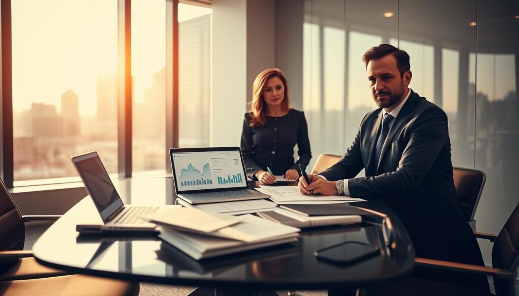 A modern, sleek office environment depicts a professional meeting space where two business professionals, a man and a woman, are engaged in a discussion about executive search firm billing models. The man is dressed in a tailored dark suit, while the woman wears a smart business dress, both reflecting professionalism and expertise. In the foreground, a stylish conference table is cluttered with documents, charts, and a laptop displaying financial graphs. The middle ground features a large window with natural light pouring in, illuminating the room. In the background, soft-focus silhouettes of city buildings can be seen. The atmosphere is one of focused collaboration and strategic planning, with an air of sophistication and urgency, captured with warm lighting and a subtle depth of field to enhance the central subjects. The overall mood is serious yet inviting, emphasizing the importance of financial discussions in executive search practices. A modern, sleek office environment depicts a professional meeting space where two business professionals, a man and a woman, are engaged in a discussion about executive search firm billing models. The man is dressed in a tailored dark suit, while the woman wears a smart business dress, both reflecting professionalism and expertise. In the foreground, a stylish conference table is cluttered with documents, charts, and a laptop displaying financial graphs. The middle ground features a large window with natural light pouring in, illuminating the room. In the background, soft-focus silhouettes of city buildings can be seen. The atmosphere is one of focused collaboration and strategic planning, with an air of sophistication and urgency, captured with warm lighting and a subtle depth of field to enhance the central subjects. The overall mood is serious yet inviting, emphasizing the importance of financial discussions in executive search practices.